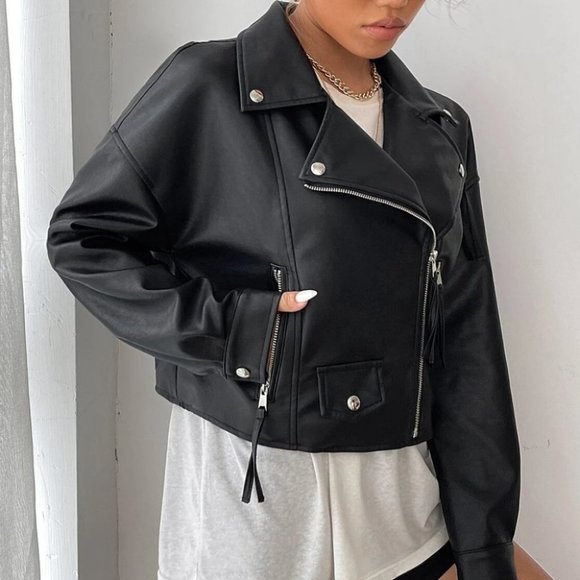 BLACK PU LEATHER ZIPPER BIKER JACKET - Picture 3 of 6